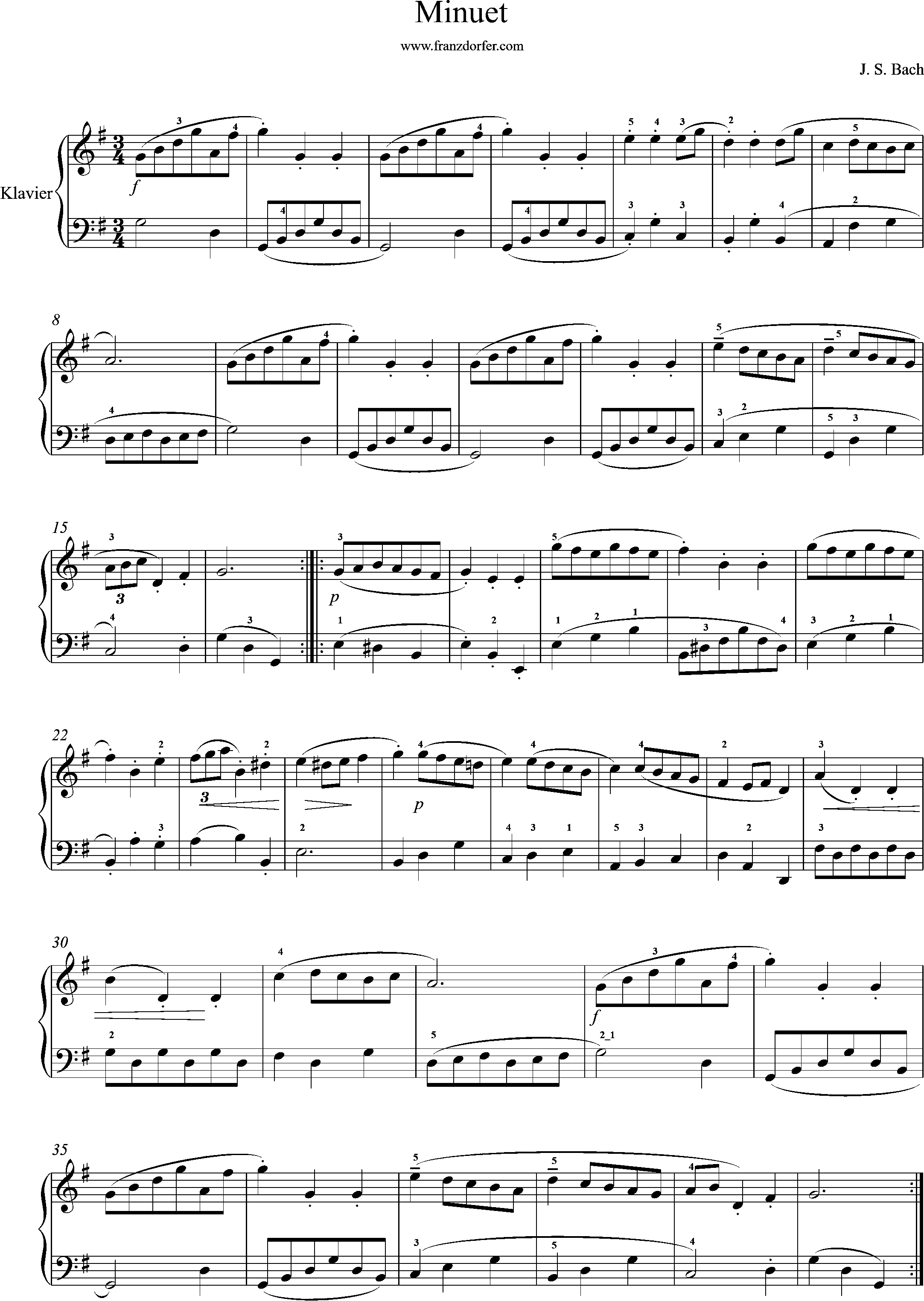 piano sheetmusic, Minuet in G. J. S. Bach